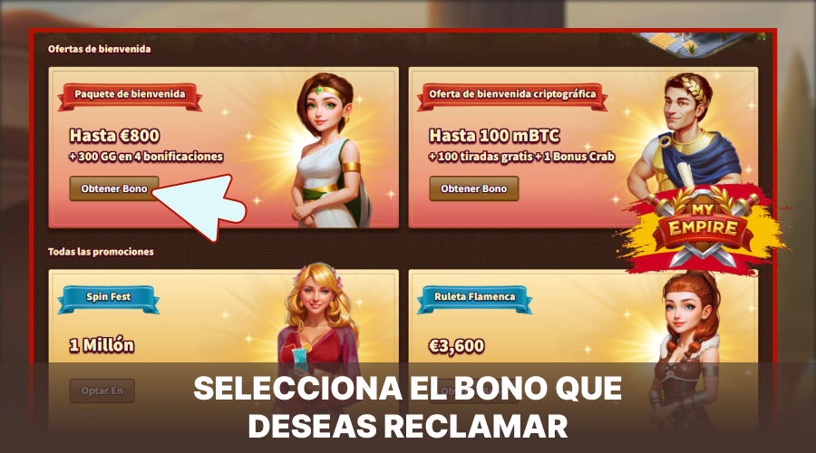 Elige el bono de My Empire Casino que deseas reclamar