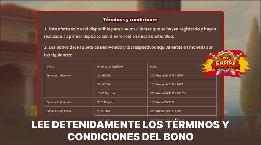 Lea los términos y condiciones de bonificación en el sitio web de My Empire Casino