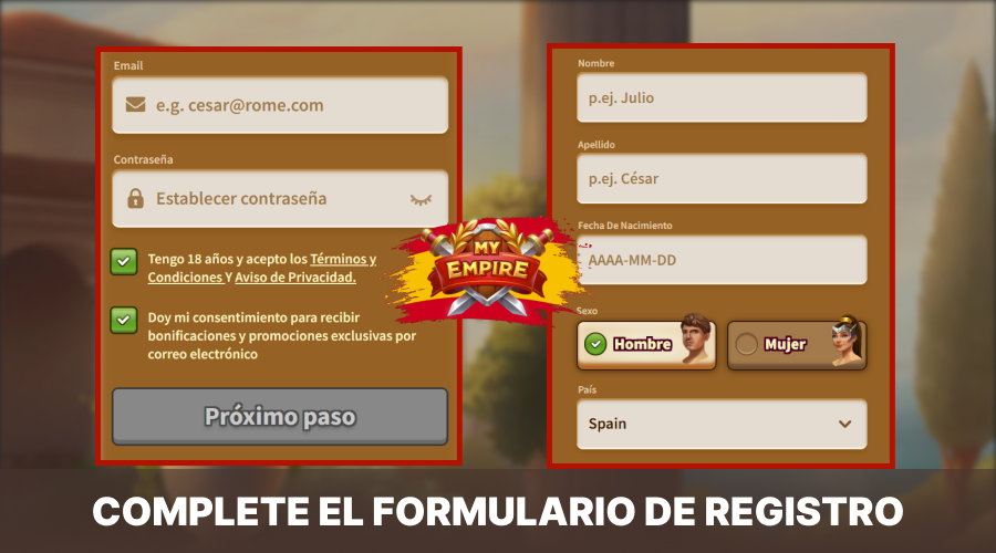 Haga clic en "Registrarse" y complete el formulario de registro en el sitio web de My Empire Casino