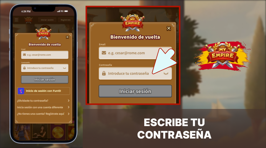 Ingrese su contraseña en el formulario de inicio de sesión de My Empire Casino