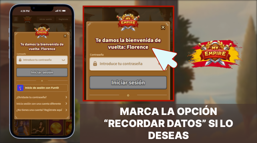 Seleccione la opción "Recordar datos" en el formulario de inicio de sesión de My Empire Casino